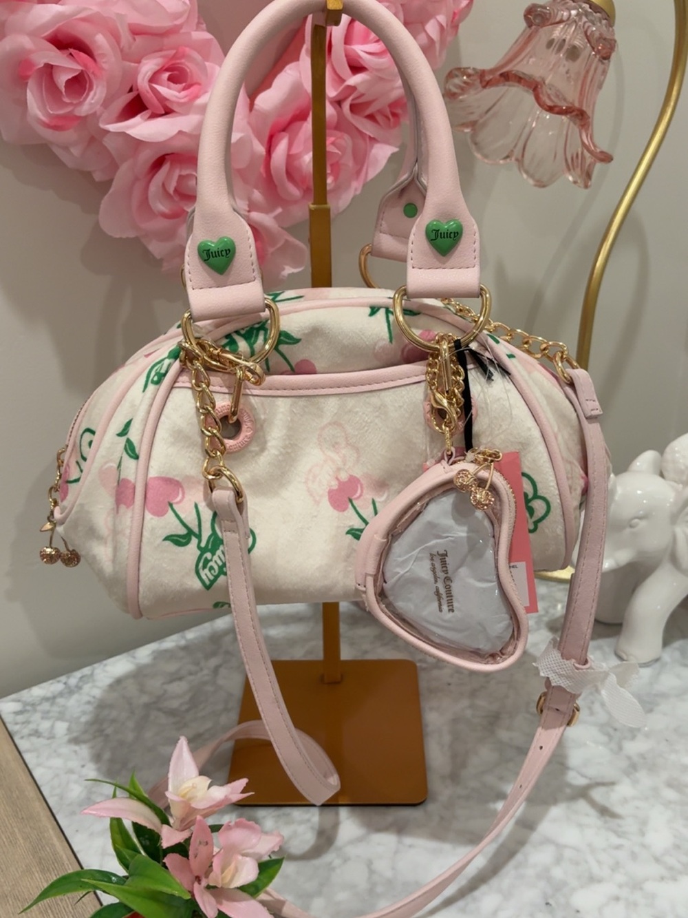 Juicy Couture Pink Floral Heart Charm Satchel